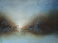 An abstract landscape painting featuring a misty valley with mountains on both sides, a bright light source in the center, and textured brushstrokes in blue, gray, brown, and white.