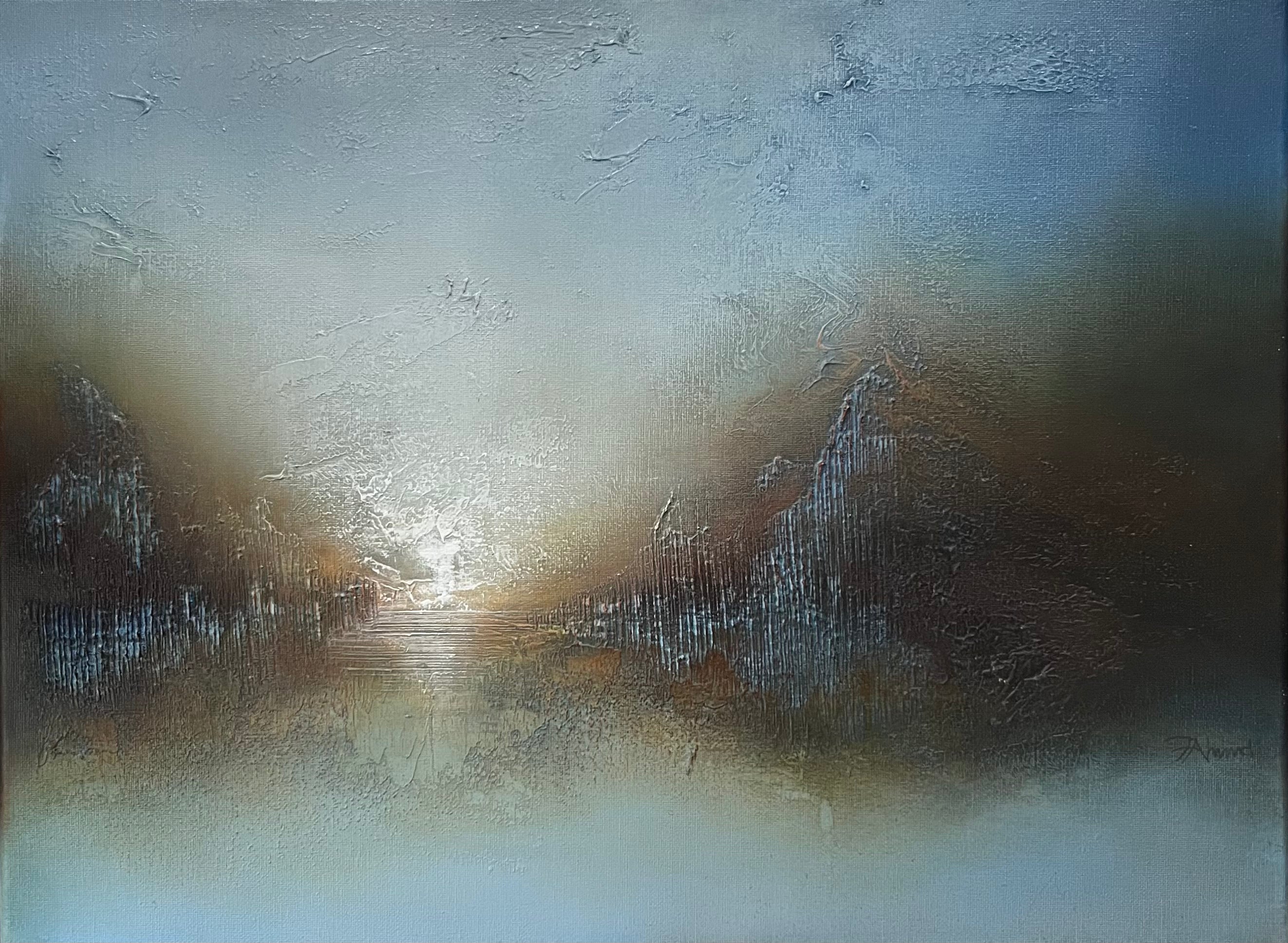 An abstract landscape painting featuring a misty valley with mountains on both sides, a bright light source in the center, and textured brushstrokes in blue, gray, brown, and white.