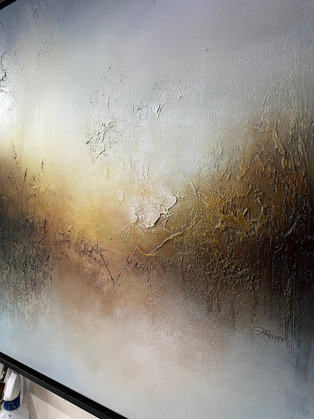 Close-up detail of My Light showing textured white, beige and deep-brown impasto brushwork