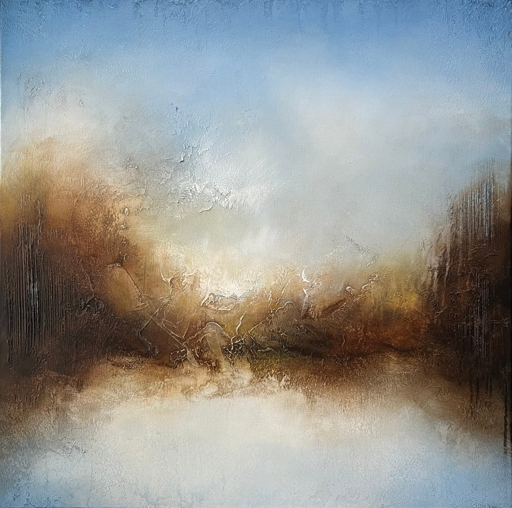 In the Shadows original abstract landscape painting in blue, warm brown and gold tones with soft white haze