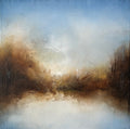 In the Shadows original abstract landscape painting in blue, warm brown and gold tones with soft white haze