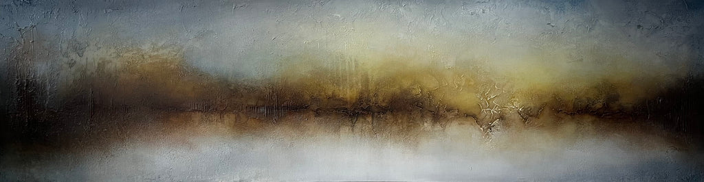 Force, an original unframed panoramic abstract landscape painting with misty grey, deep brown and golden tones