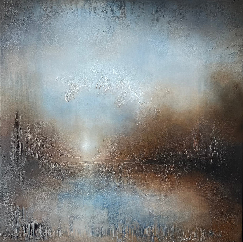 An abstract landscape painting featuring a misty, textured scene with a bright sun-like glow near the horizon, blending shades of blue, brown, gray, and white.