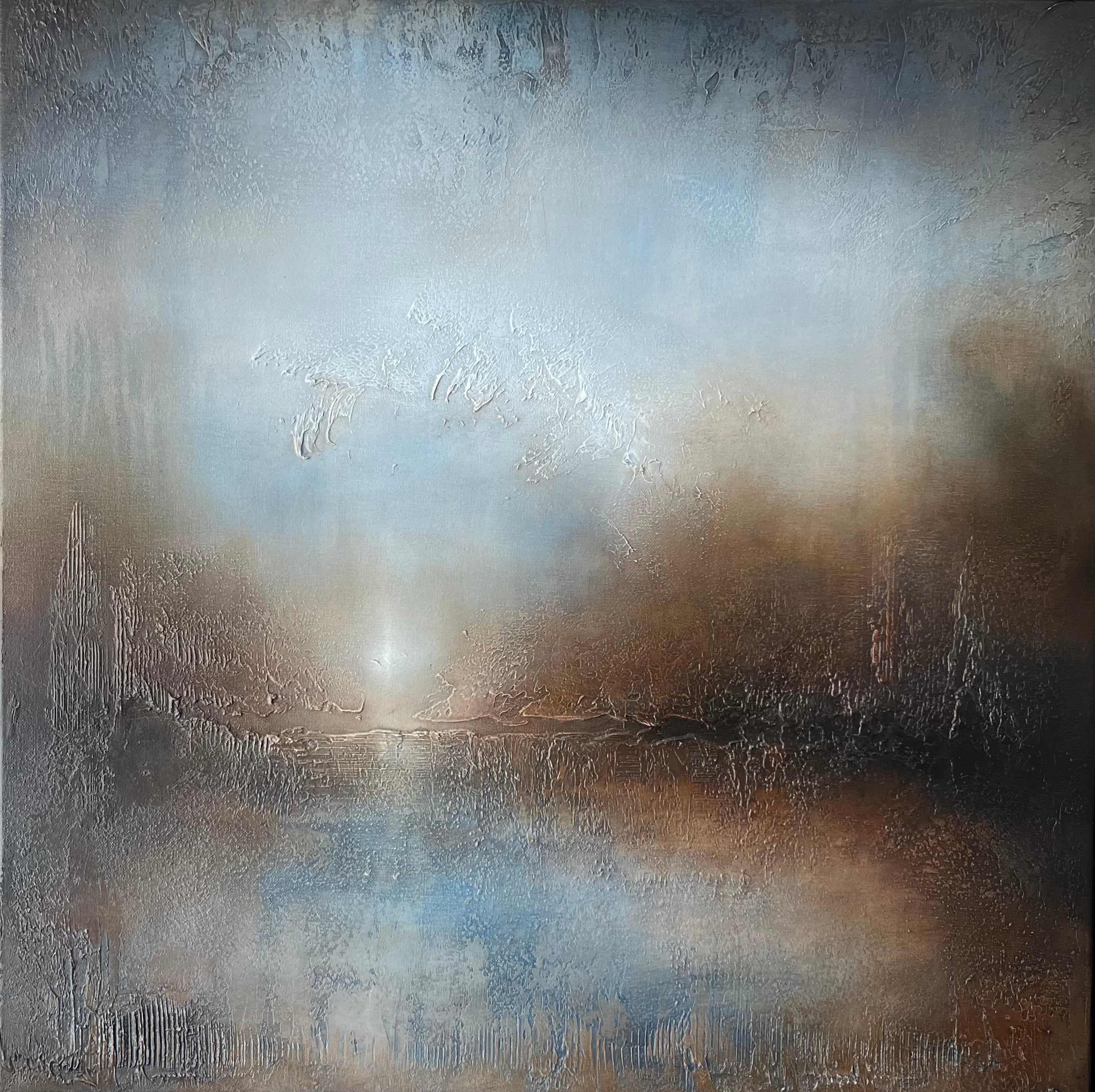 An abstract landscape painting featuring a misty, textured scene with a bright sun-like glow near the horizon, blending shades of blue, brown, gray, and white.