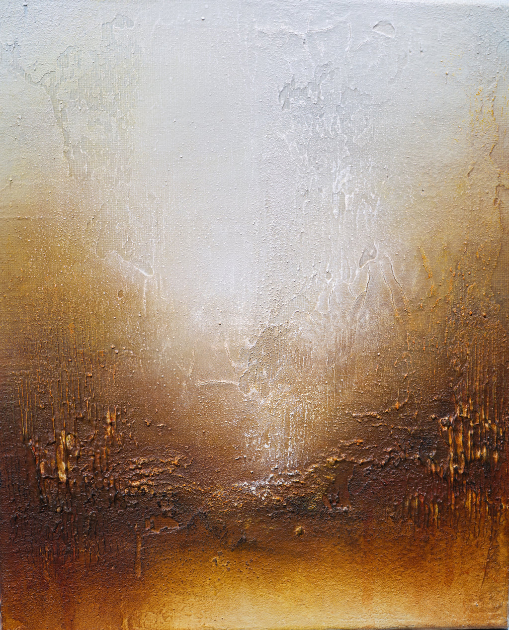 An abstract textured painting featuring a bright white and light gray glow in the center, fading into warm golden-brown and deep brown tones at the bottom and sides.
