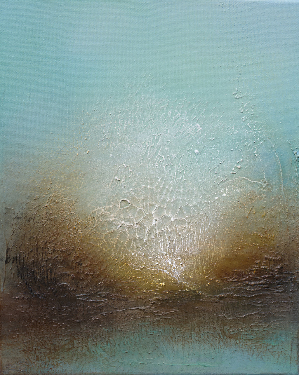 An abstract textured painting featuring a soft teal and light blue sky-like gradient blending into warm brown, gold, and cream tones at the bottom.