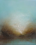 An abstract textured painting featuring a soft teal and light blue sky-like gradient blending into warm brown, gold, and cream tones at the bottom.