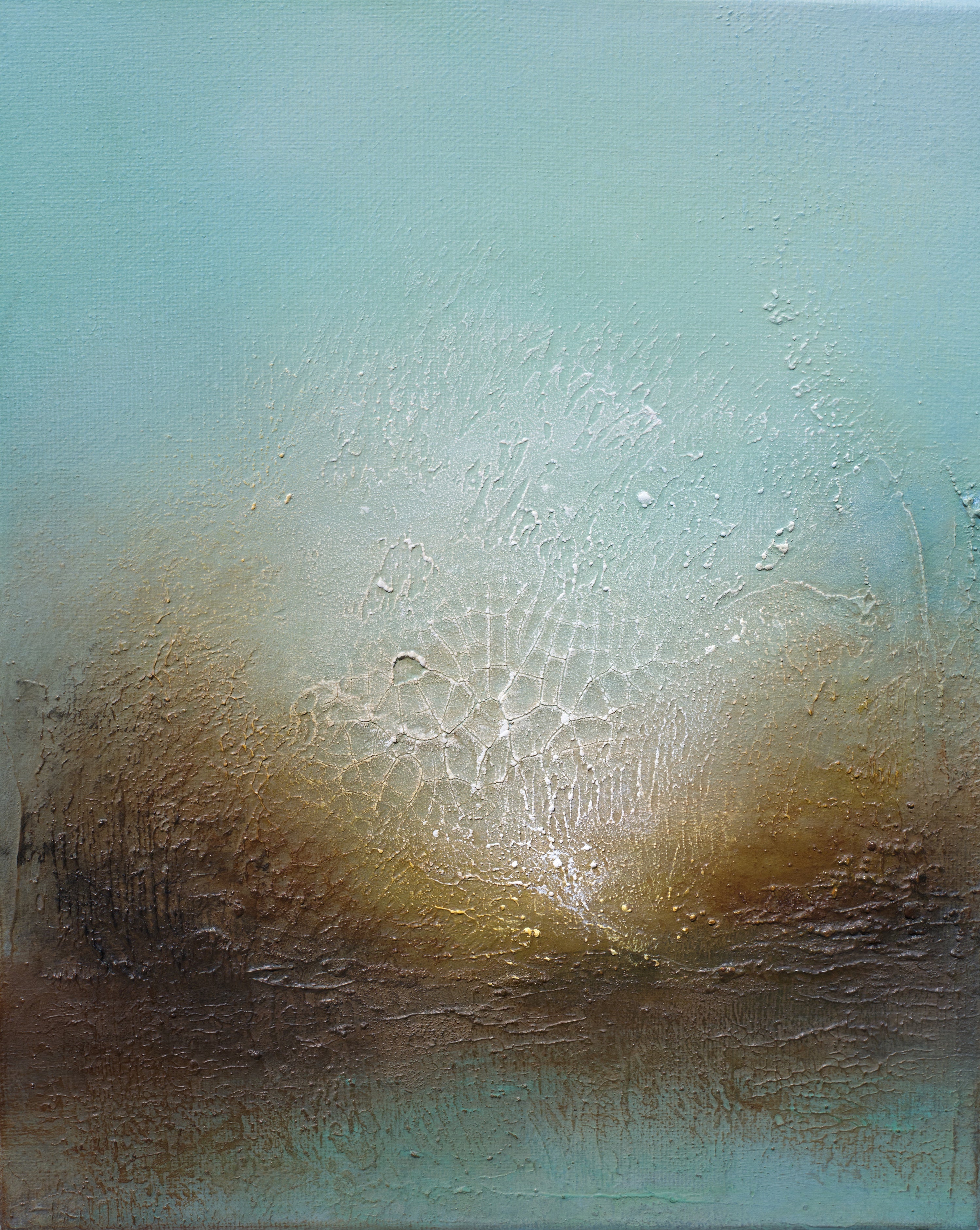 An abstract textured painting featuring a soft teal and light blue sky-like gradient blending into warm brown, gold, and cream tones at the bottom.