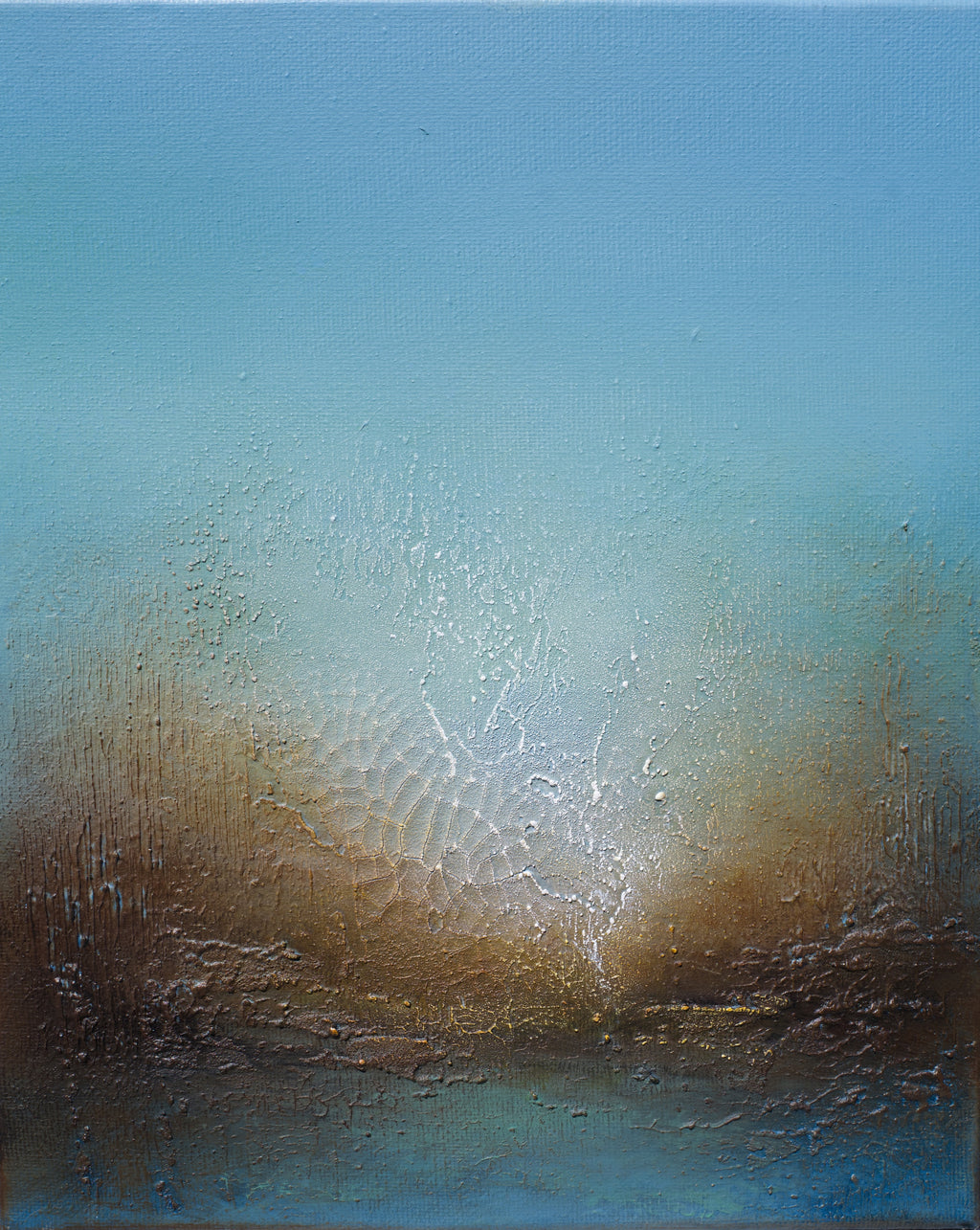 An abstract landscape painting featuring a textured sky gradient from light blue at the top to earthy brown and gray tones near the bottom, with a bright sun-like glow in the center.