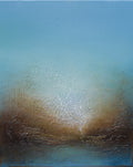 An abstract landscape painting featuring a textured sky gradient from light blue at the top to earthy brown and gray tones near the bottom, with a bright sun-like glow in the center.