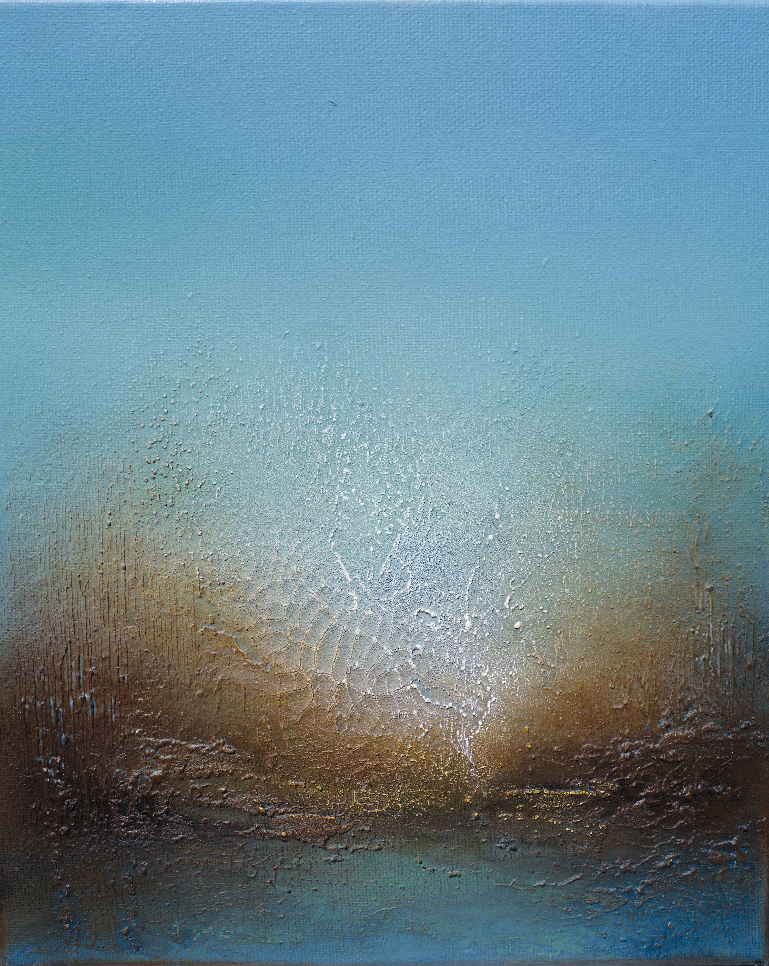 An abstract landscape painting featuring a textured sky gradient from light blue at the top to earthy brown and gray tones near the bottom, with a bright sun-like glow in the center.