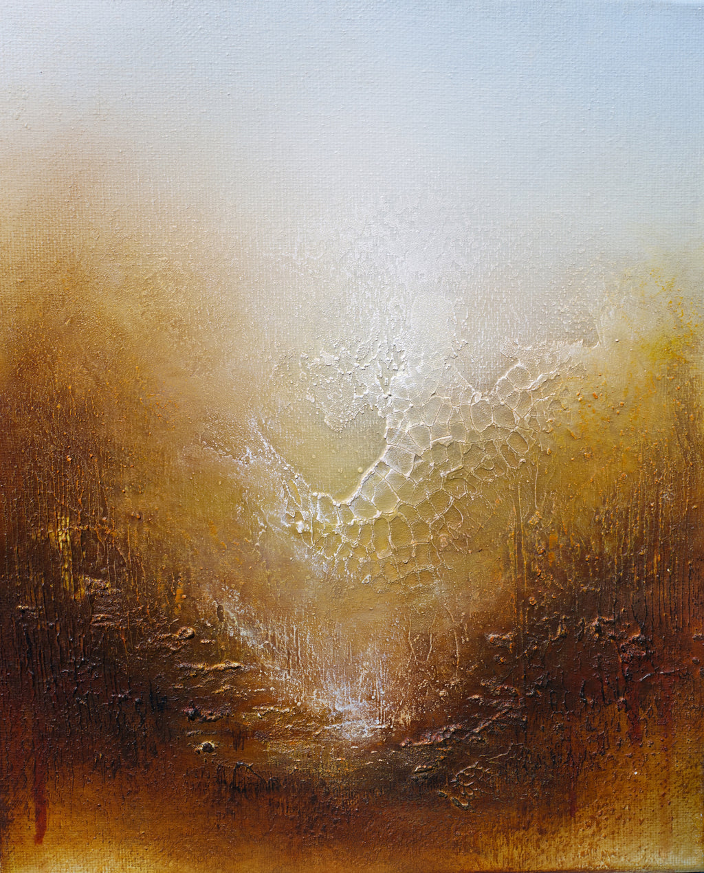 An abstract landscape painting featuring a textured, shimmering golden-brown valley under a soft, light blue sky.