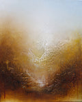 An abstract landscape painting featuring a textured, shimmering golden-brown valley under a soft, light blue sky.