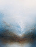 An abstract landscape painting featuring textured brushstrokes of blue, white, and brown, depicting a misty valley or mountain scene.