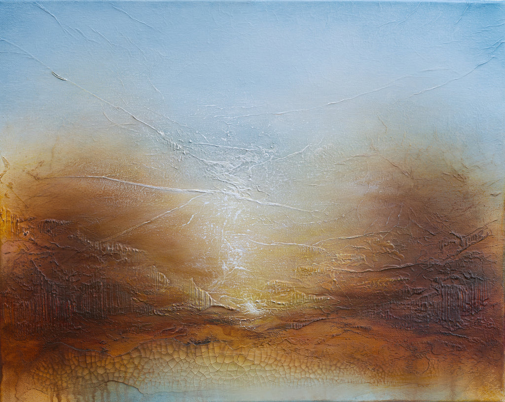 An abstract landscape painting featuring a textured sky with a gradient from light blue at the top to warm brown and golden tones near the horizon, with a sun-like glow in the center.