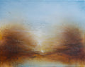 An abstract landscape painting featuring a textured sky with a gradient from light blue at the top to warm brown and golden tones near the horizon, with a sun-like glow in the center.