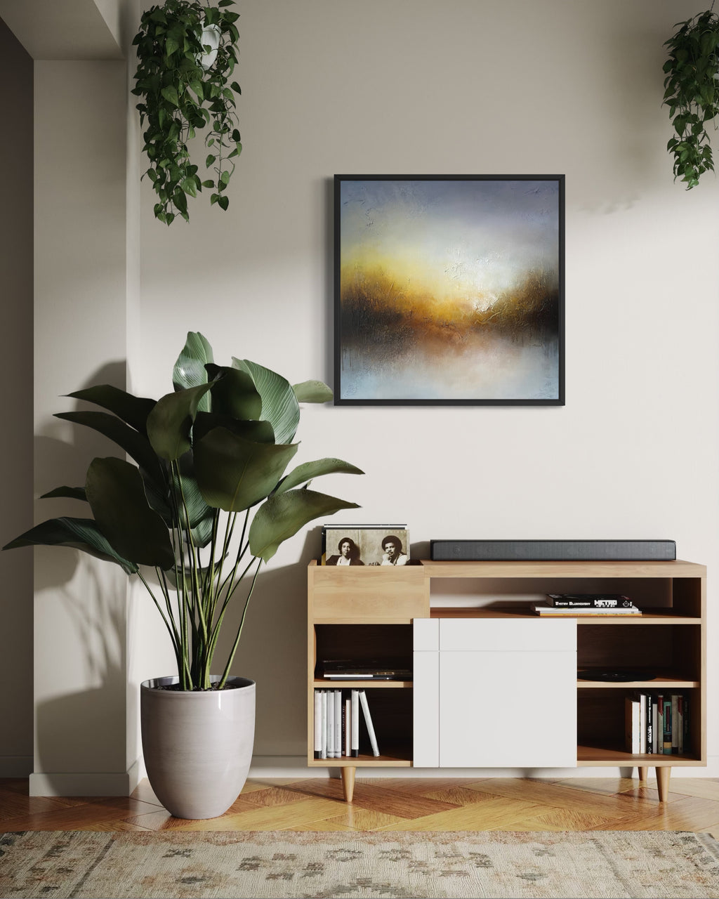 My Light framed original abstract painting displayed above a media console in a modern living room